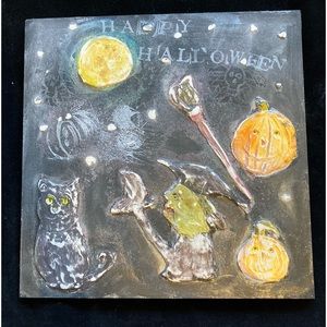 Vintage Inspired Handmade Halloween Paper Clay/Wood 12” Painting Pumpkin , Witch